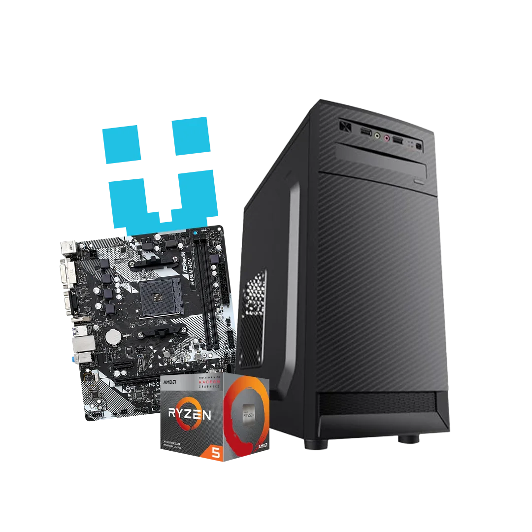 Black workstation PC tower with motherboard and AMD Ryzen 5 processor components