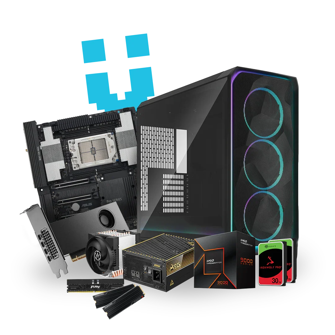 High-performance workstation PC case with RGB fans, motherboard, graphics card, CPU, RAM, power supply, and storage drives