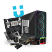 High-performance workstation PC case with RGB fans, motherboard, graphics card, CPU, RAM, power supply, and storage drives