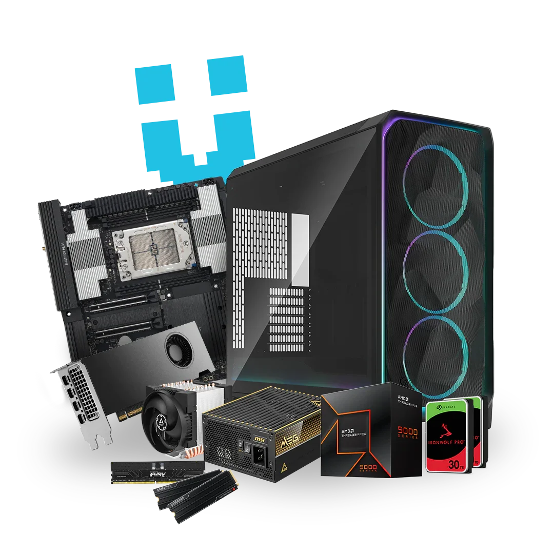 High-performance workstation PC with RGB case, motherboard, graphics card, SSD, and power supply