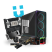 High-performance workstation PC with RGB case, motherboard, graphics card, SSD, and power supply