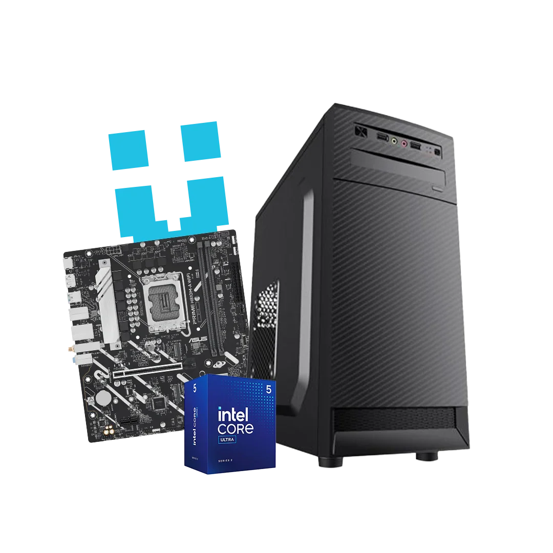 High-performance black workstation PC tower shown with motherboard and Intel Core i5 Ultra box
