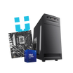 High-performance black workstation PC tower shown with motherboard and Intel Core i5 Ultra box