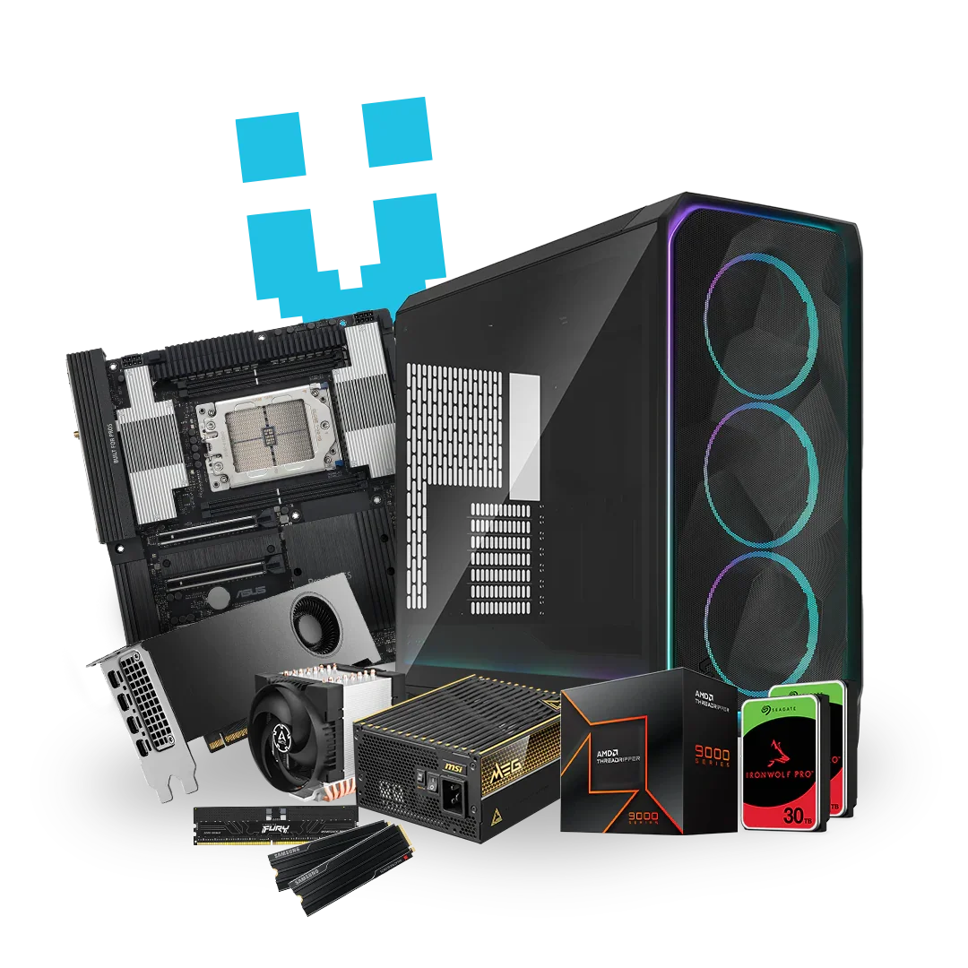 High-performance workstation PC case with RGB fans, motherboard, GPU, CPU, power supply, RAM, and SSDs