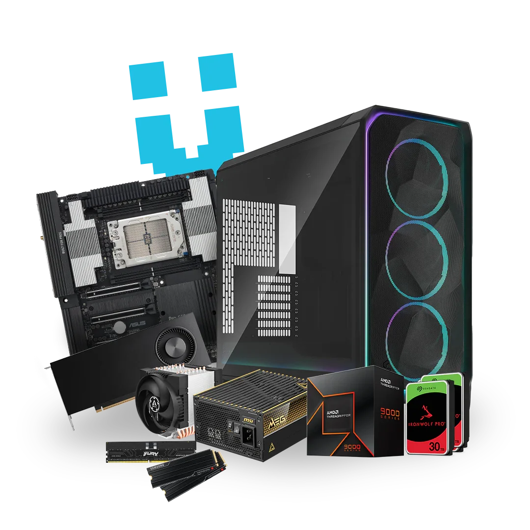 High-performance workstation PC components, including tower case, motherboard, graphics card, and SSDs.