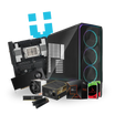 High-performance workstation PC components including RGB case, motherboard, graphics card, SSD, RAM, and processor.