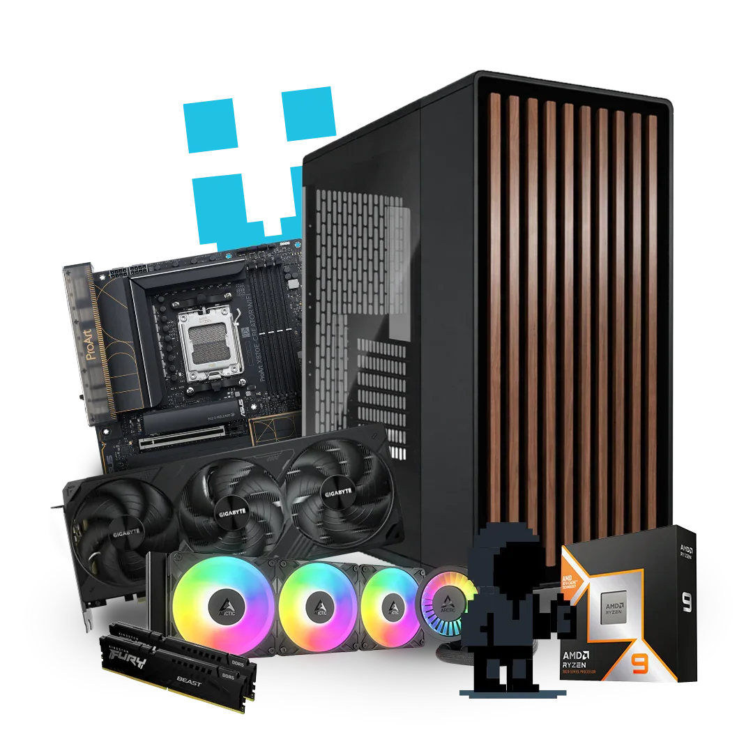 High-performance custom PC workstation with RGB cooling fans, graphics card, motherboard, RAM, and AMD Ryzen 9 processor displayed.