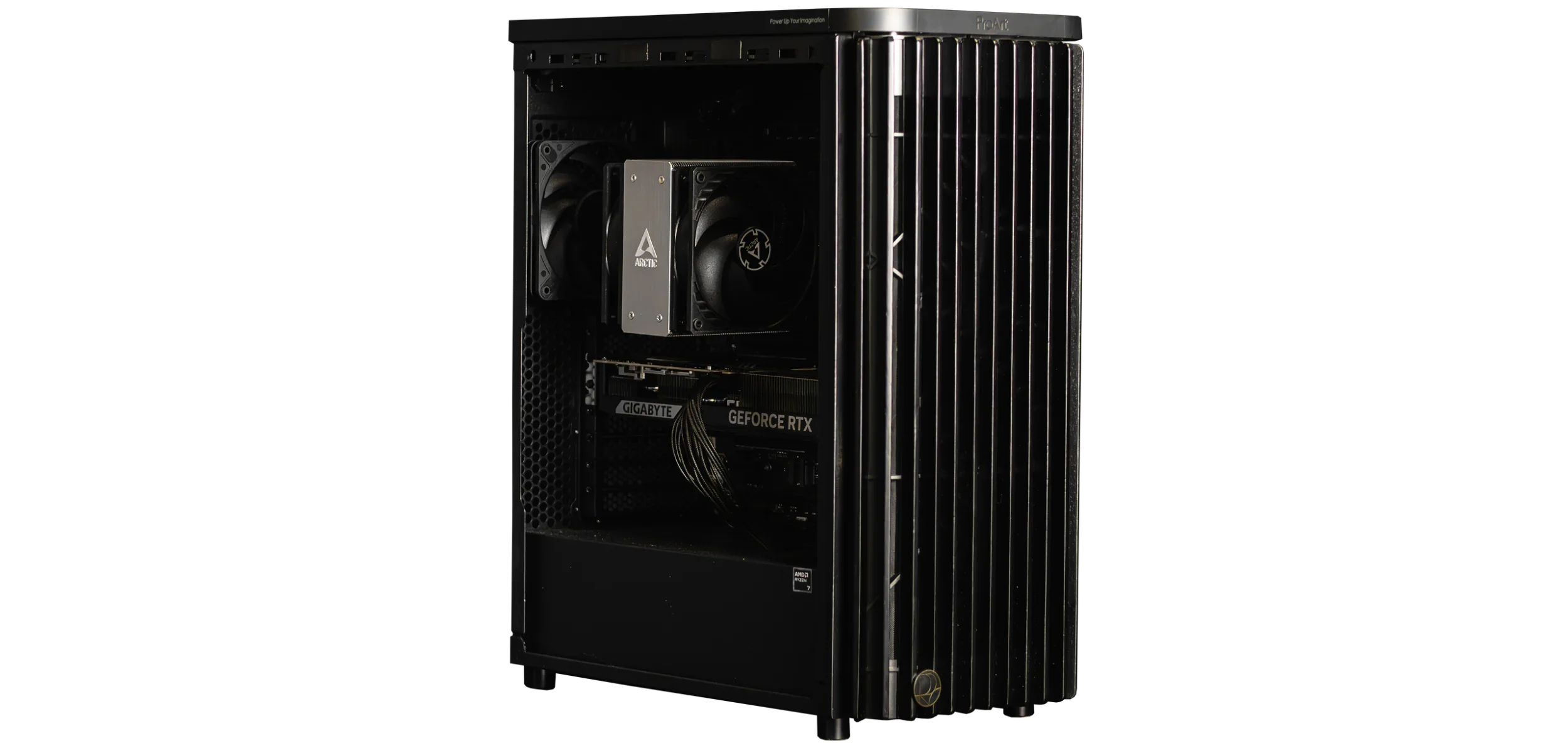 High-performance custom workstation PC with visible cooling fans and GeForce RTX GPU