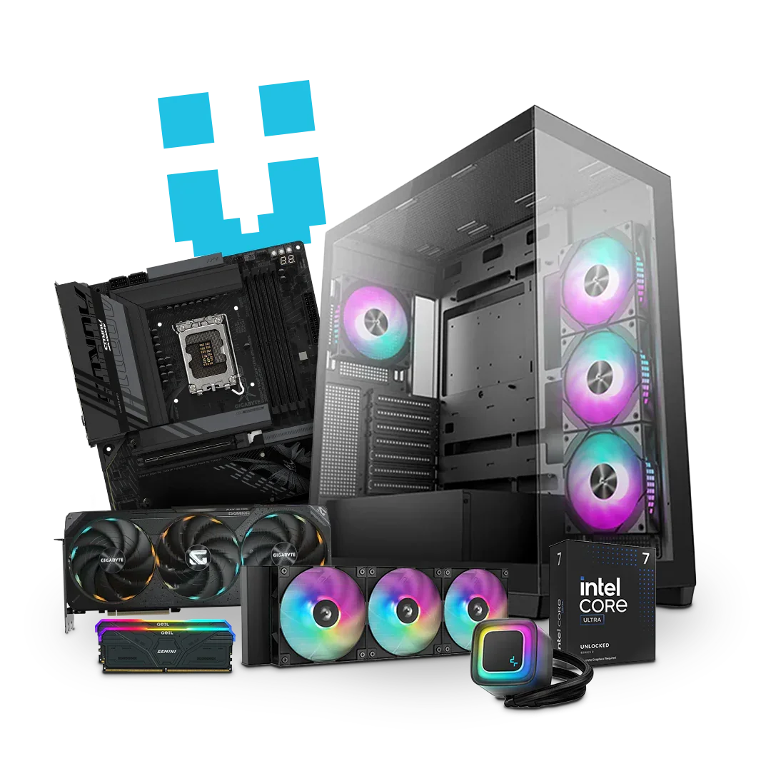 High-performance AI PC workstation with RGB fans, gaming GPU, RAM, Intel Core Ultra CPU, motherboard
