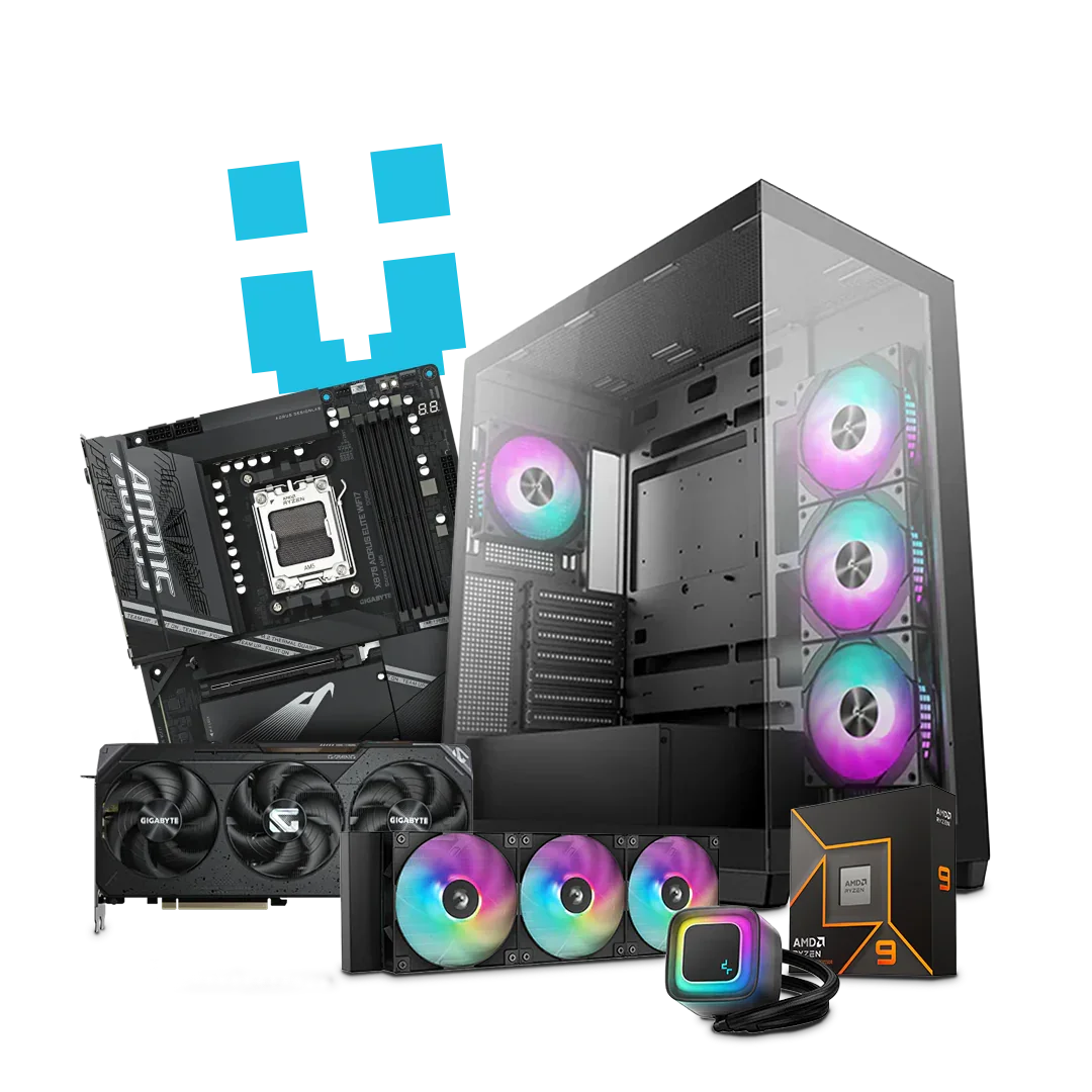 High-performance PC components including RGB-lit case, motherboard, graphics card, and AMD processor