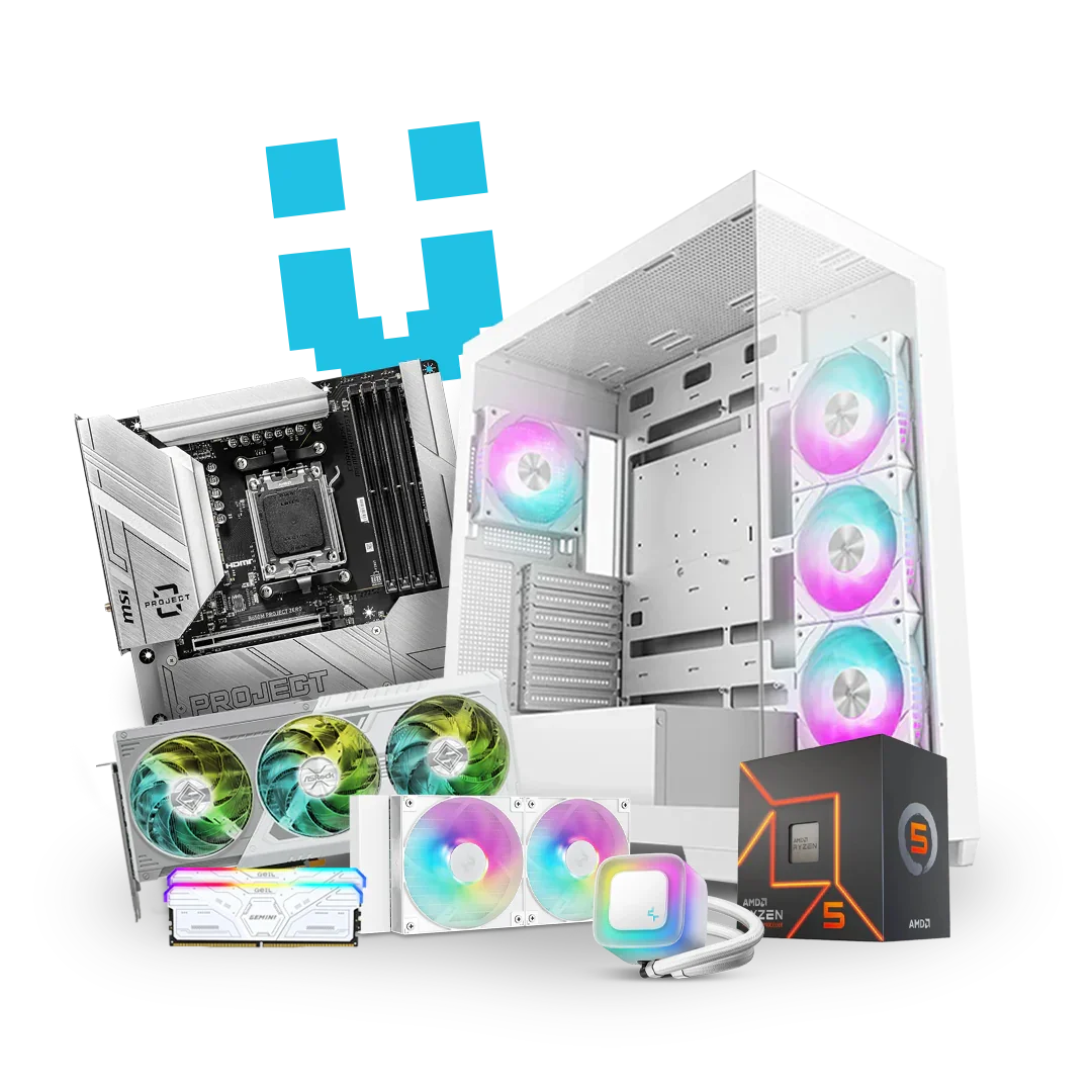 White PC case, RGB fans, motherboard, CPU, graphics card and RAM for workstation build