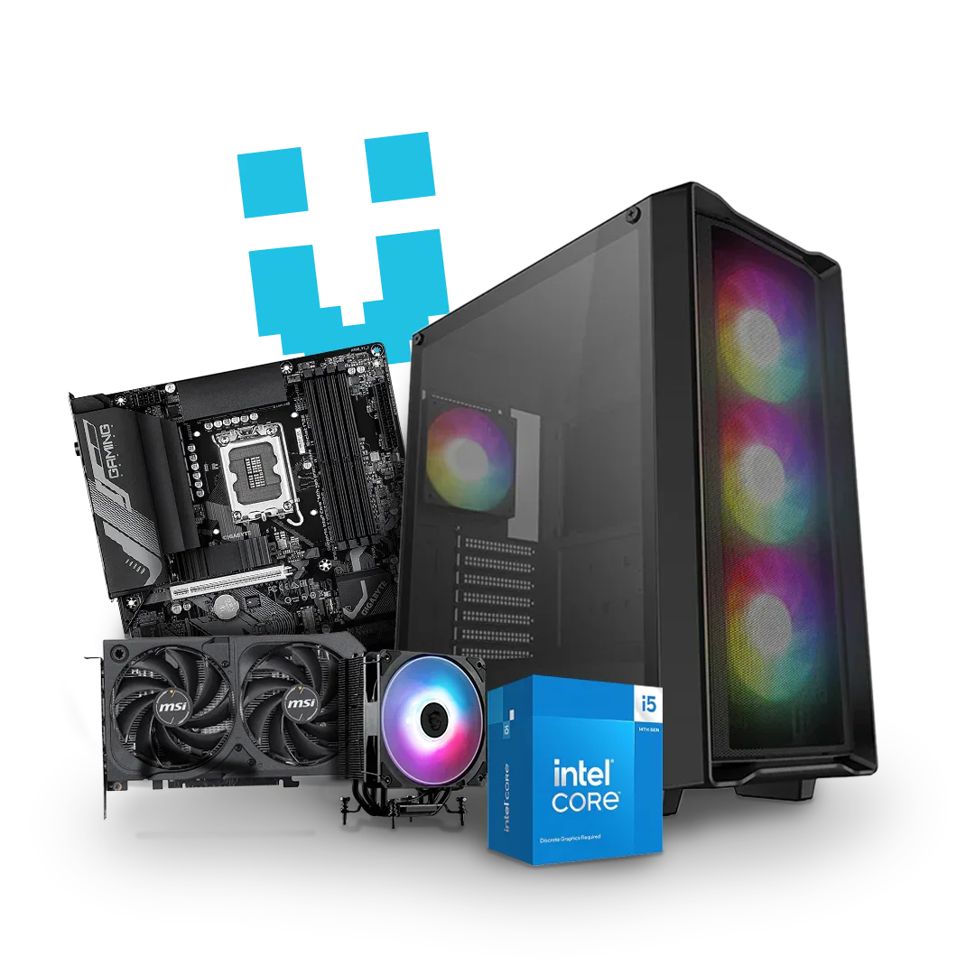Custom workstation PC with RGB case, motherboard, Intel i5 processor, GPU, and cooling fan
