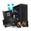 Custom workstation PC with case, motherboard, GPU, RAM, CPU cooler, AMD Ryzen box, and pixel art character
