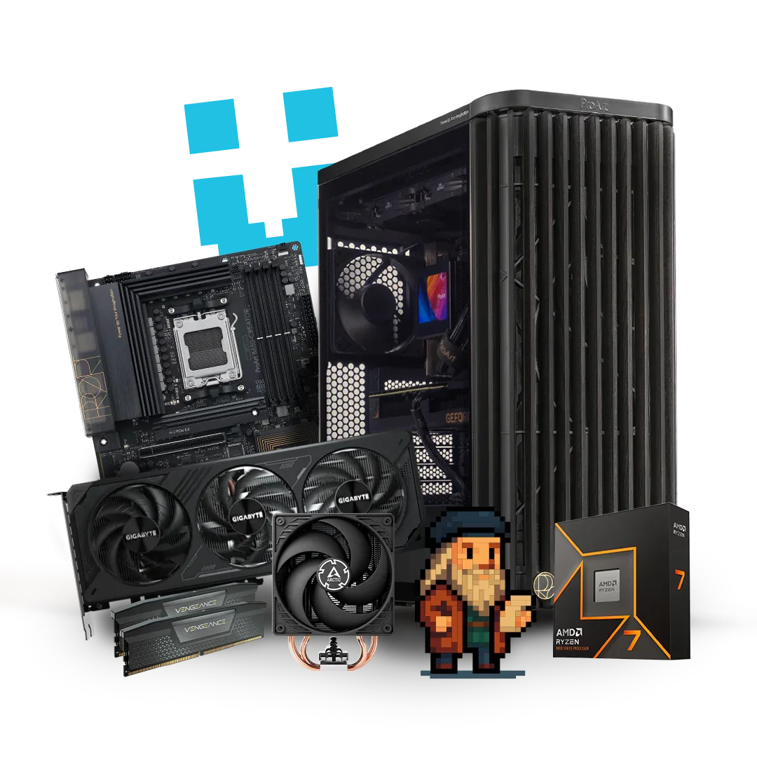 Custom workstation PC with case, motherboard, GPU, RAM, CPU cooler, AMD Ryzen box, and pixel art character