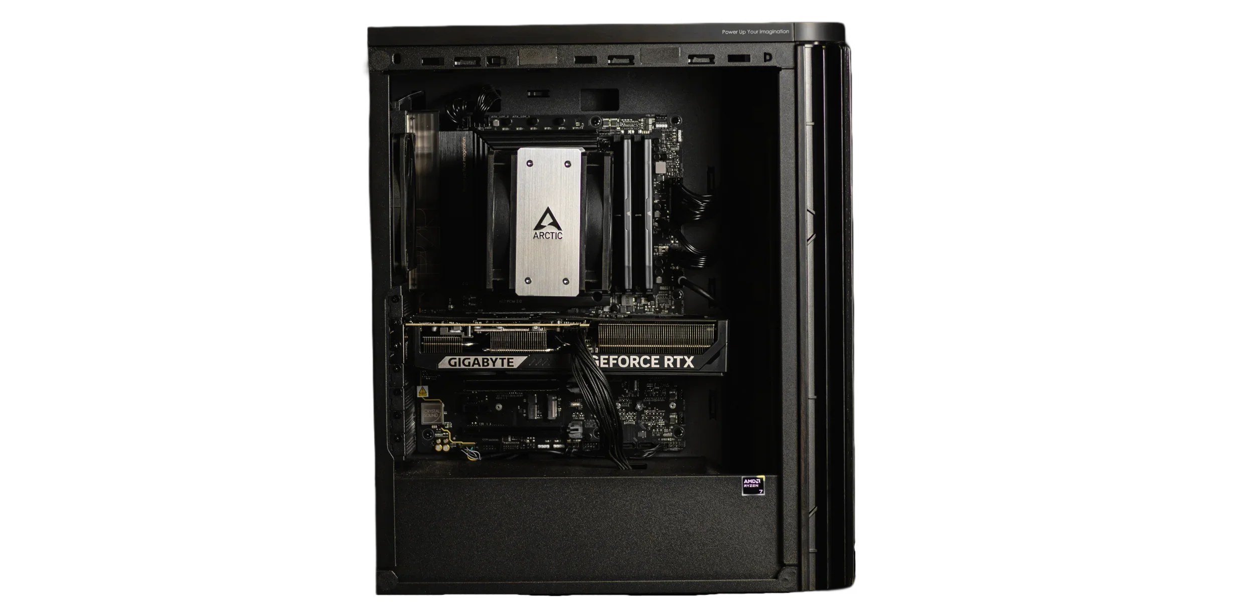 High-performance workstation PC with visible GPU, Arctic CPU cooler, and AMD Ryzen label inside case