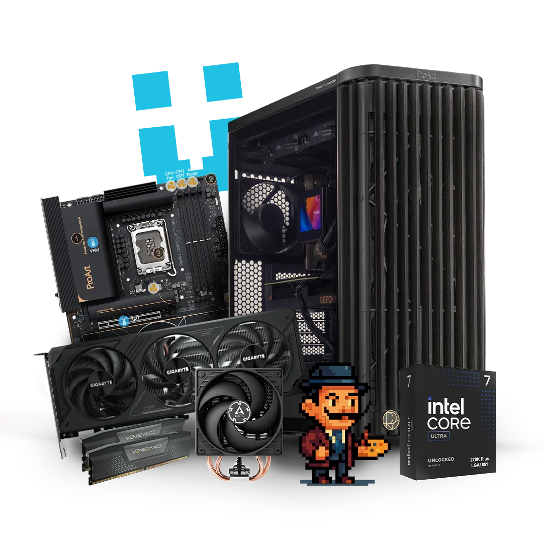 High-performance PC workstation with ProArt motherboard, graphics card, cooling fan, RAM, Intel Core processor box, and pixel art character.