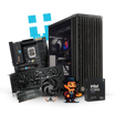 High-performance PC workstation with ProArt motherboard, graphics card, cooling fan, RAM, Intel Core processor box, and pixel art character.