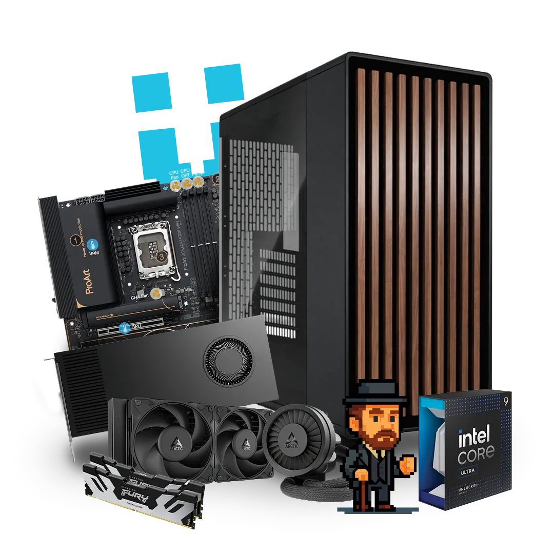 High-performance workstation PC with components including motherboard, GPU, RAM, liquid cooler, Intel Core processor box, and pixel art character.
