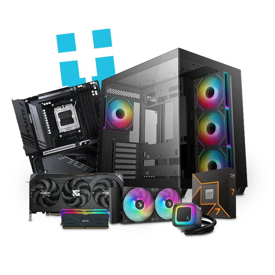 Custom PC build kit with RGB case, motherboard, graphics card, CPU, RAM, and cooling fans