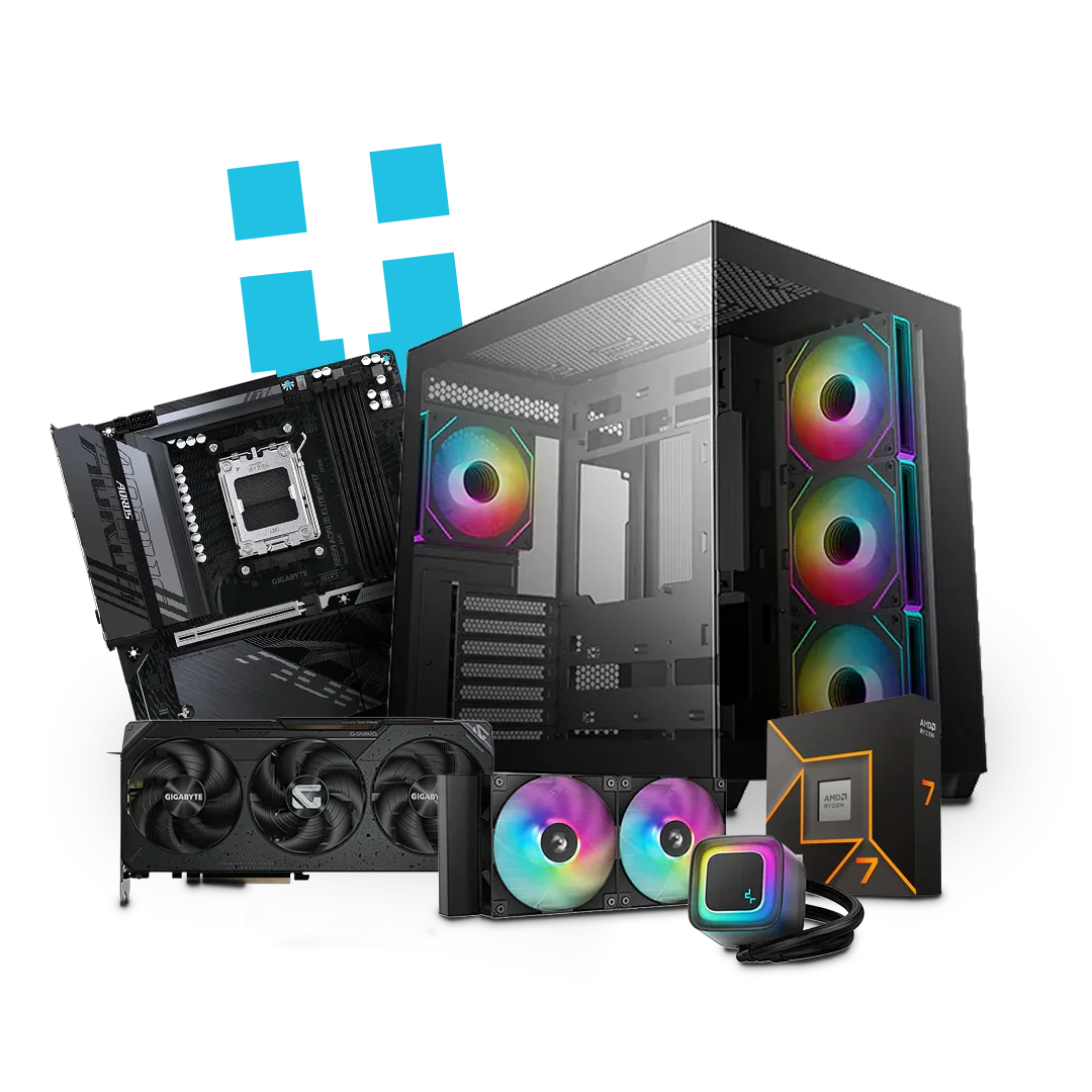 Custom PC components including RGB case, motherboard, GPU, and cooling, workstation setup