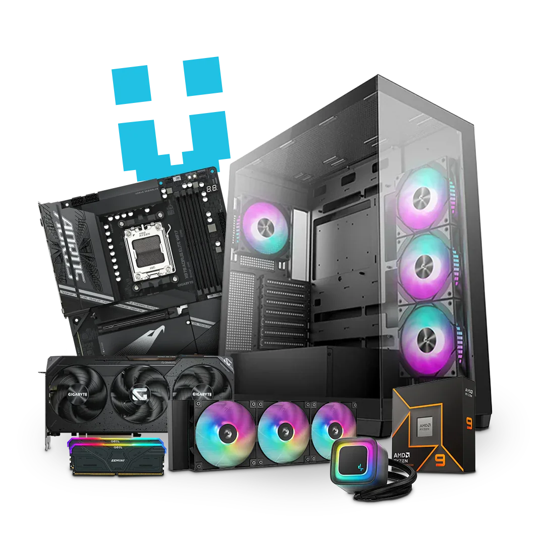 Custom workstation PC case and components with RGB fans, gaming GPU, AMD Ryzen CPU, and motherboard