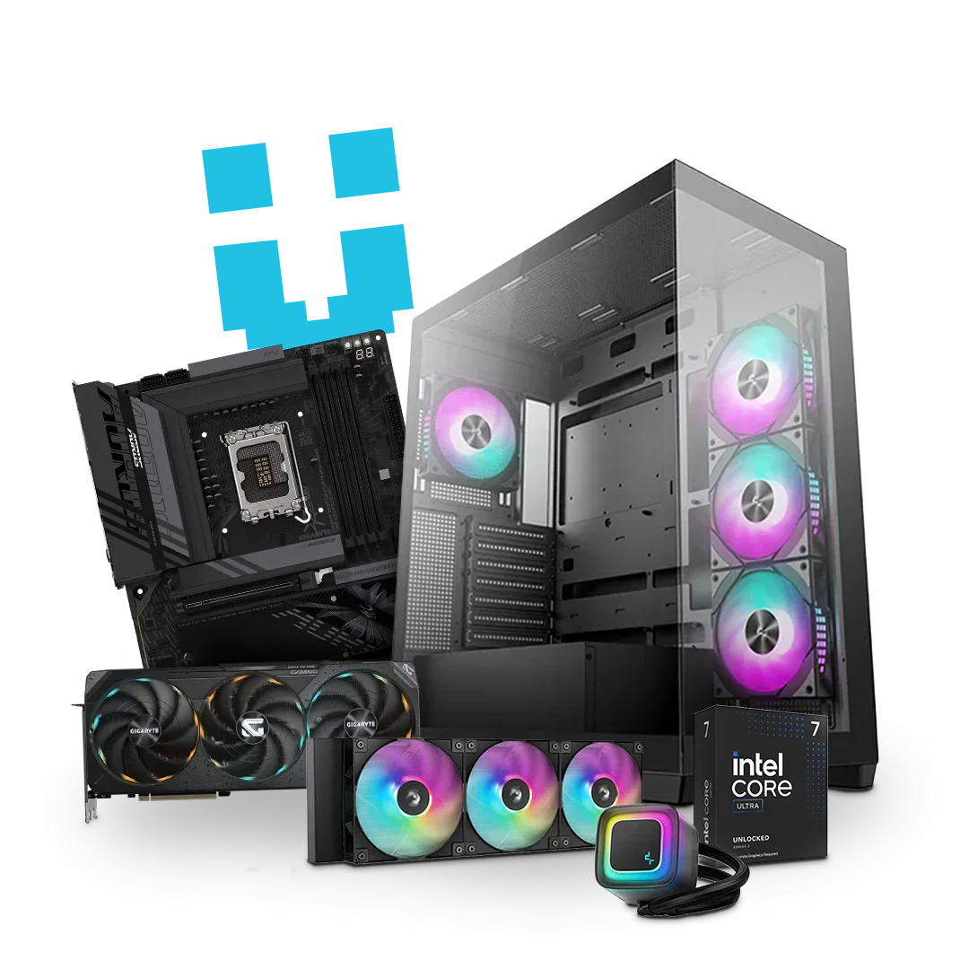 Custom workstation PC case with RGB cooling fans, motherboard, graphics card, Intel Core CPU