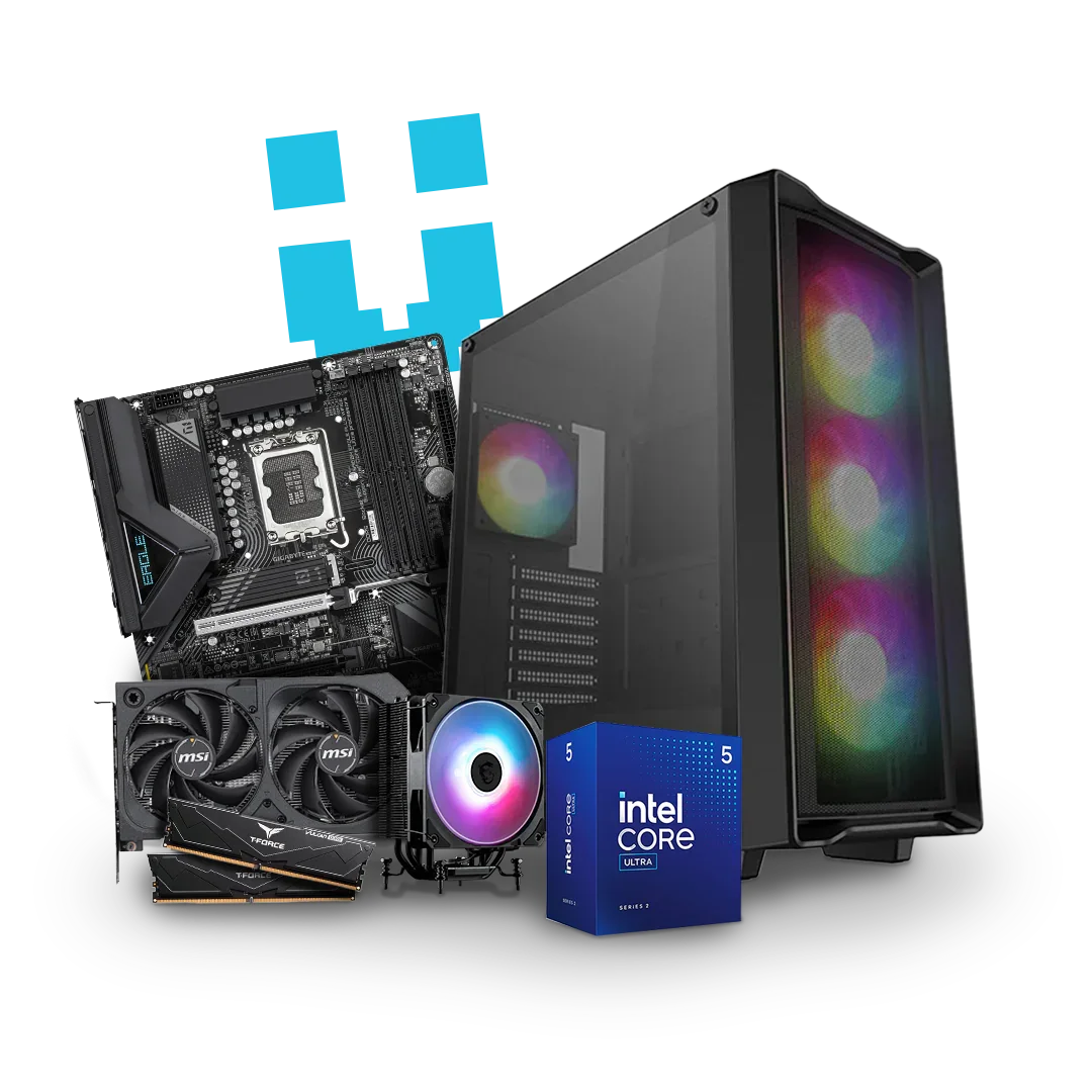 High-performance desktop PC tower, motherboard, graphics card, CPU cooler, and Intel Core processor