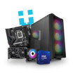 Custom PC workstation with RGB case, Intel Core processor, motherboard, cooling fan, graphics card