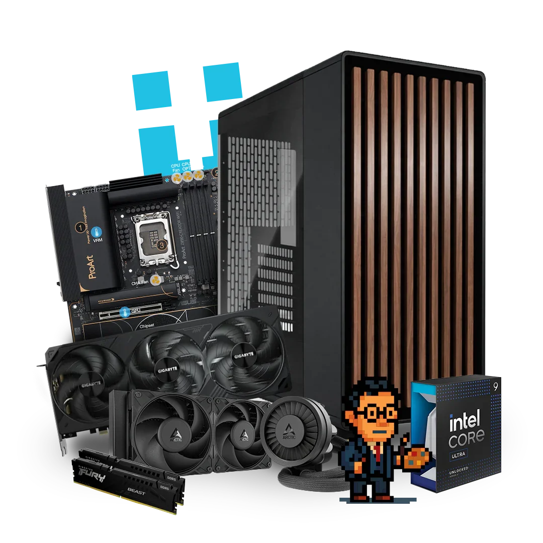 High-performance workstation PC with Intel Core Ultra processor, GPUs, motherboard, RAM, and cooling fans