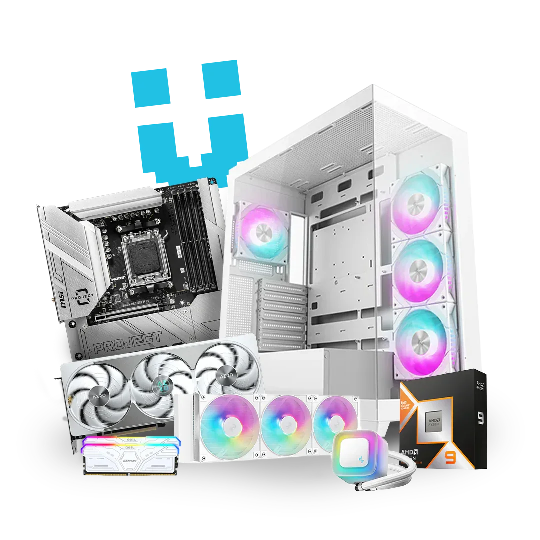 White PC case with RGB fans, motherboard, graphics card, RAM, and AMD Ryzen 9 processor