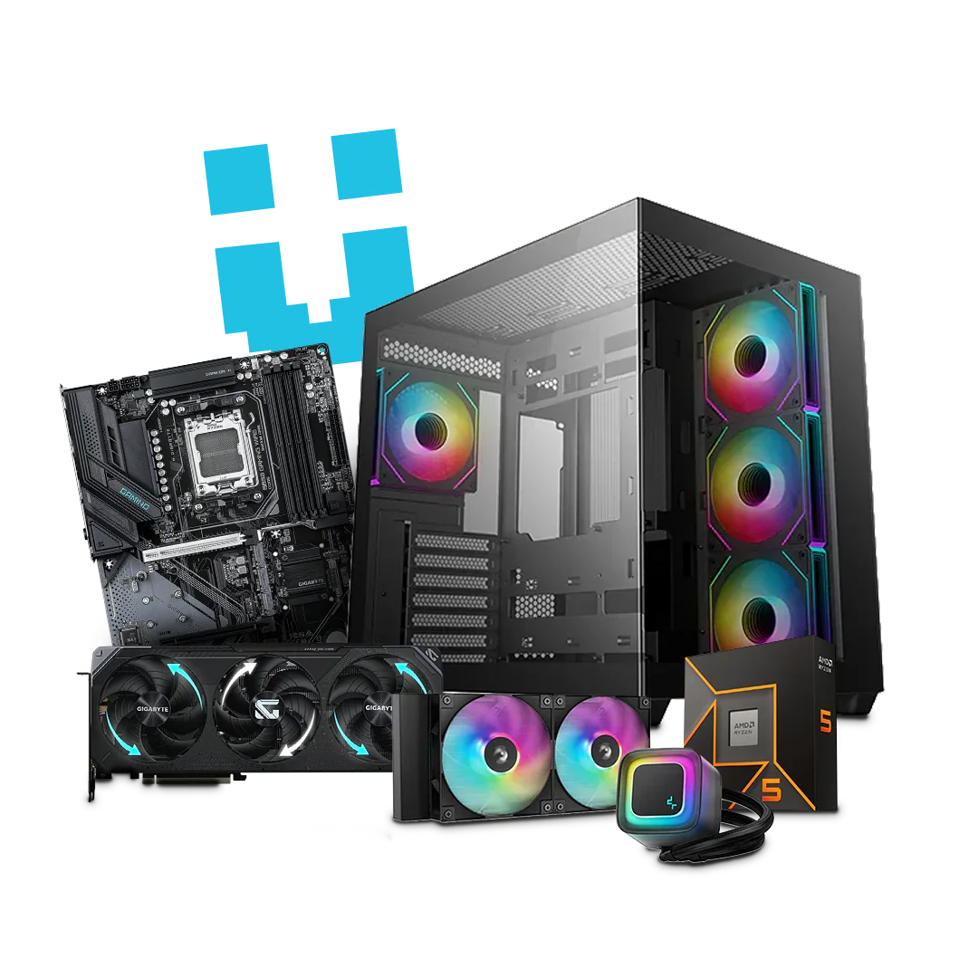 High-performance workstation PC parts including case, motherboard, GPU, and RGB cooling fans