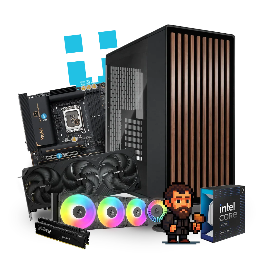 High-performance workstation PC with motherboard, RGB cooling fans, GPU, RAM, and Intel Core i9 box