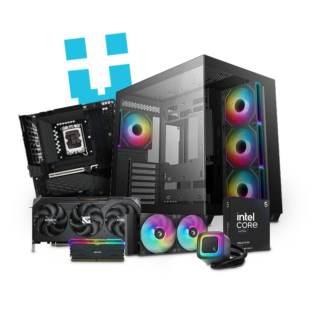 High-performance workstation PC components with RGB fans, motherboard, graphics card, and Intel Core CPU.