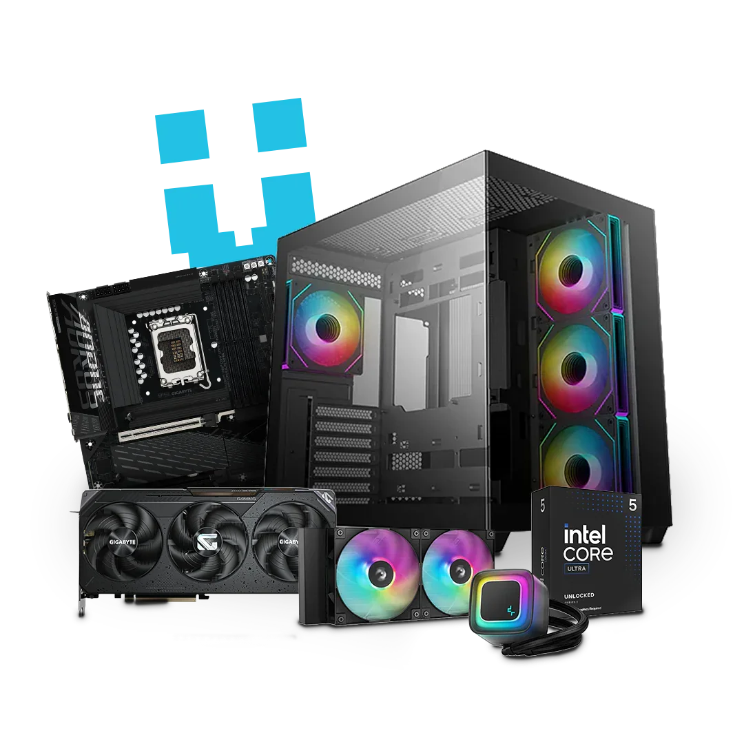 High-performance PC components including RGB case, Intel Core processor, GPU, and cooling fans