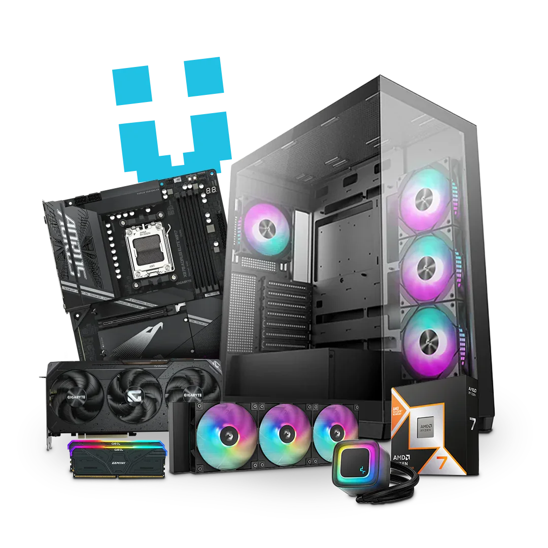 Custom workstation PC case with RGB fans, motherboard, graphics card, RAM, CPU and cooler