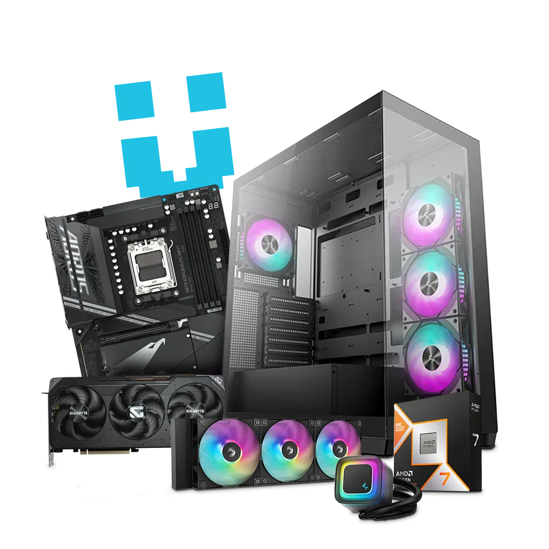 High-performance PC components including RGB case fans, graphics card, motherboard, and AMD Ryzen processor.