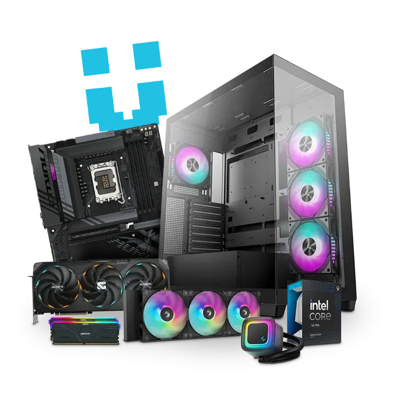 High-performance PC workstation with RGB cooling fans, graphics card, motherboard, and Intel Core processor for creators and professionals.