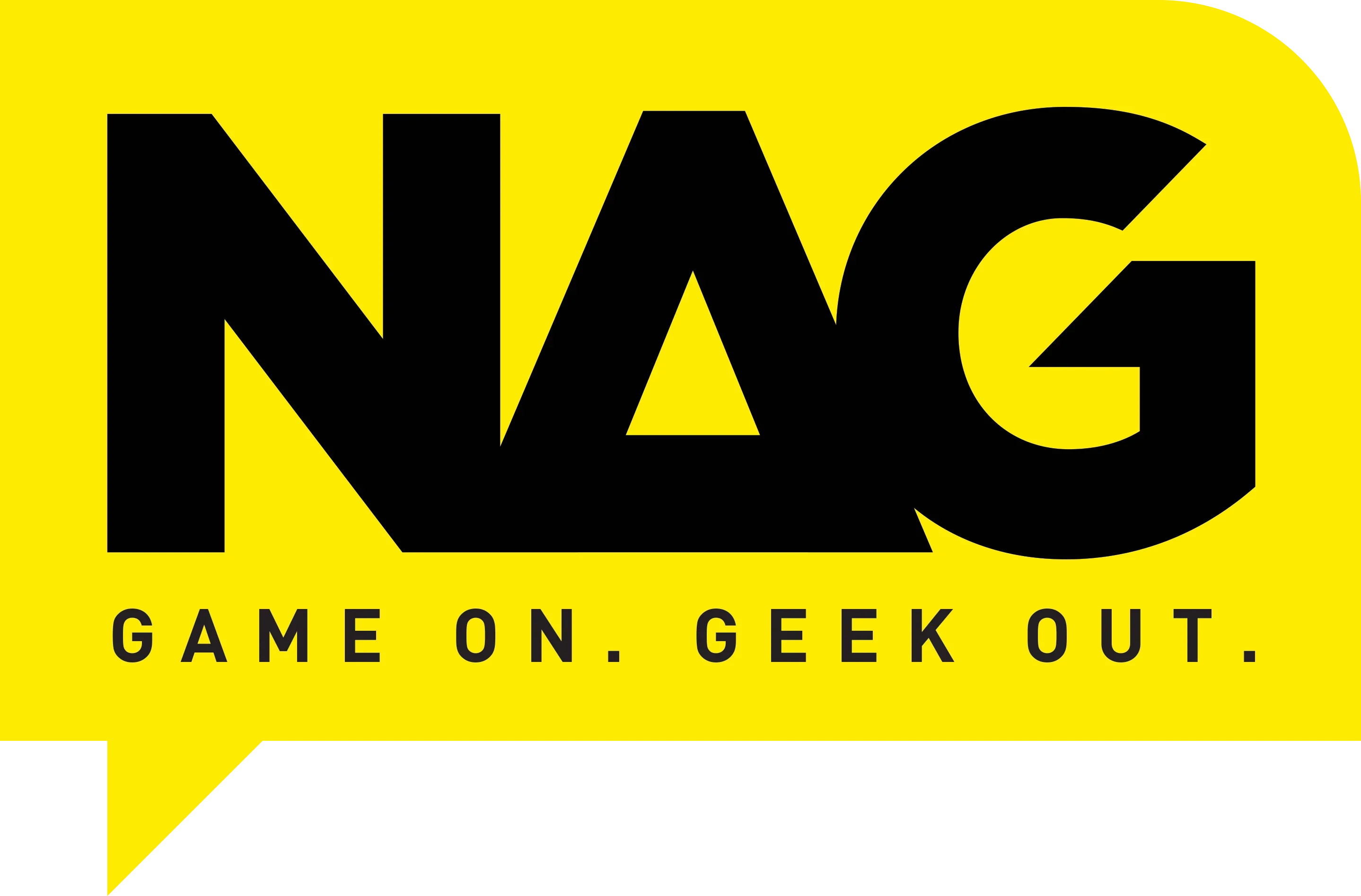 NAG logo in bold black letters on a yellow background with tagline 'Game On. Geek Out.'