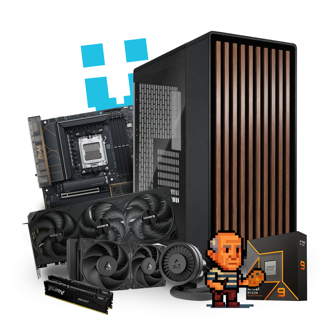 High-performance workstation PC tower with motherboard, graphics card, cooler, RAM, and AMD Ryzen CPU components, featuring a pixel art character.