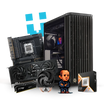 High-performance workstation PC with AMD Ryzen processor, graphics card, motherboard, and cooling fan