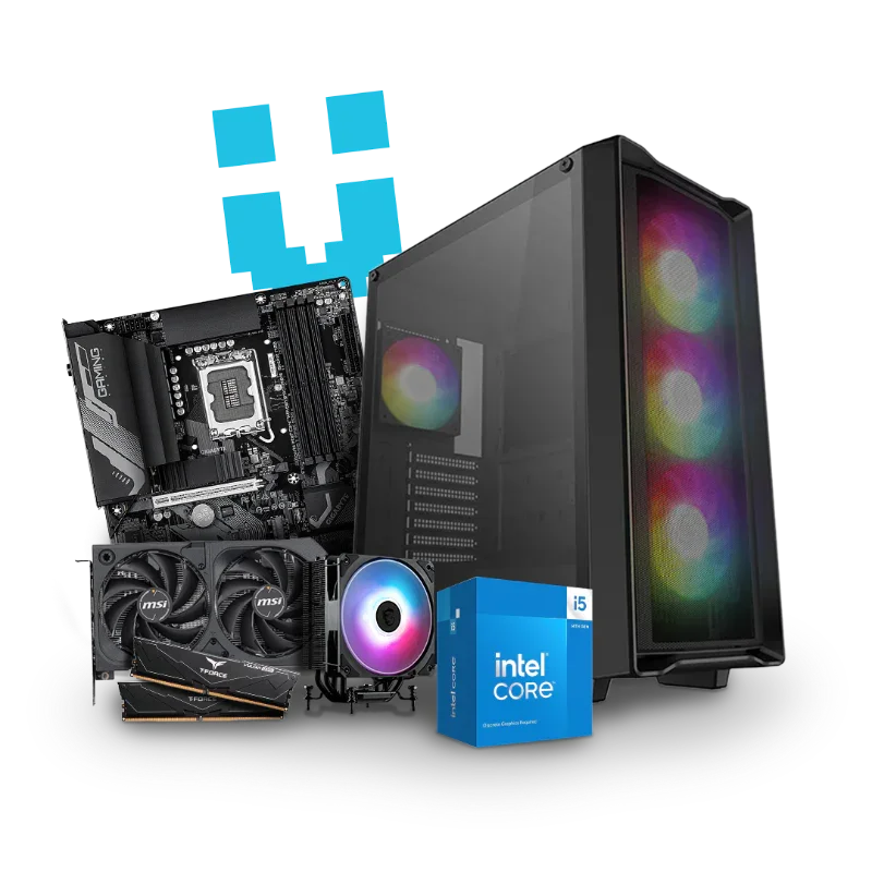 Custom workstation PC with RGB case, motherboard, graphics card, CPU cooler, and Intel Core box