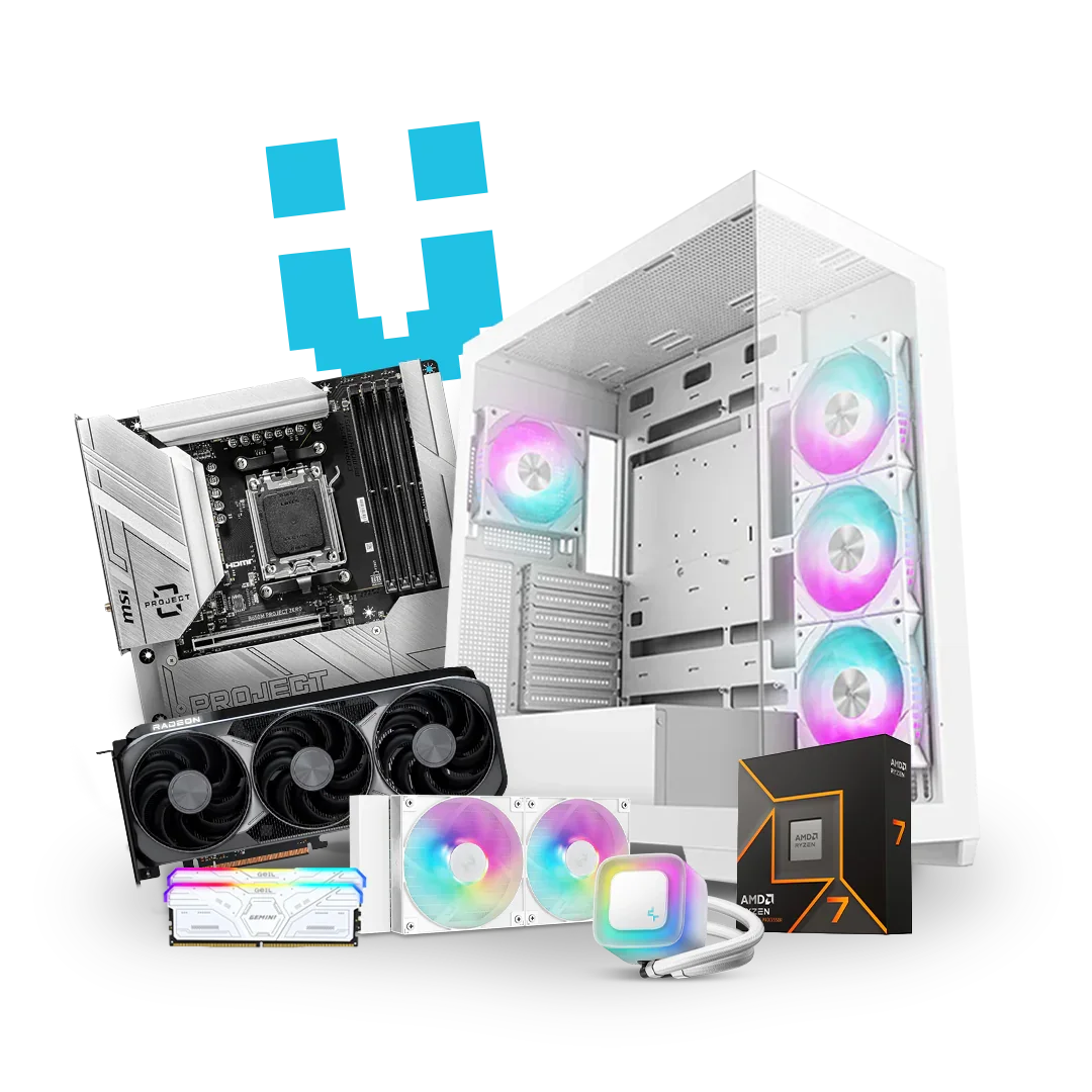 White RGB PC case, motherboard, graphics card, AMD Ryzen 7 box, RAM, and cooling fans