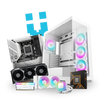 White RGB PC case, motherboard, graphics card, AMD Ryzen 7 box, RAM, and cooling fans