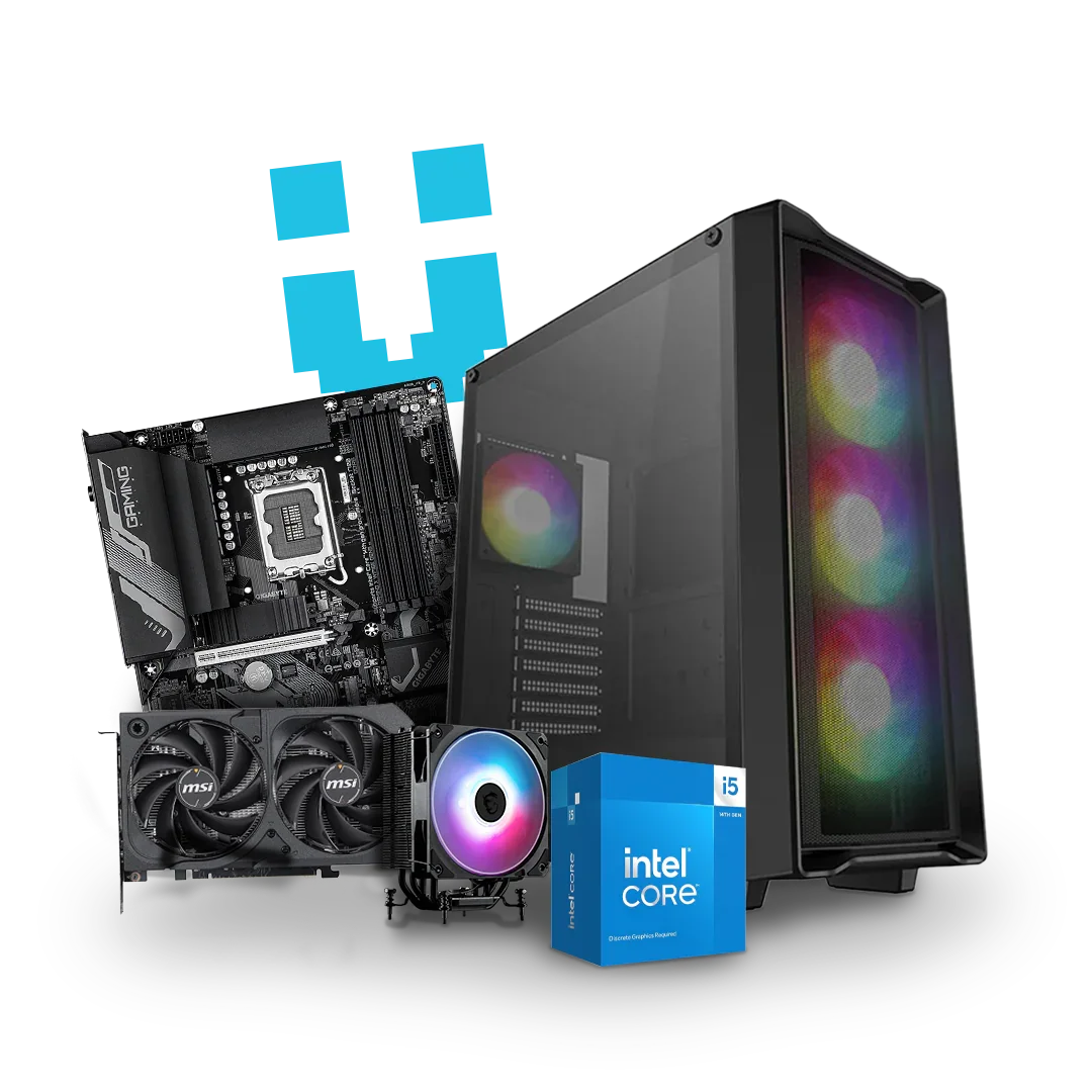 Custom workstation PC with RGB lighting, motherboard, cooling fan, graphics card, and Intel Core i5 box