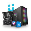 Custom workstation PC with RGB lighting, motherboard, cooling fan, graphics card, and Intel Core i5 box