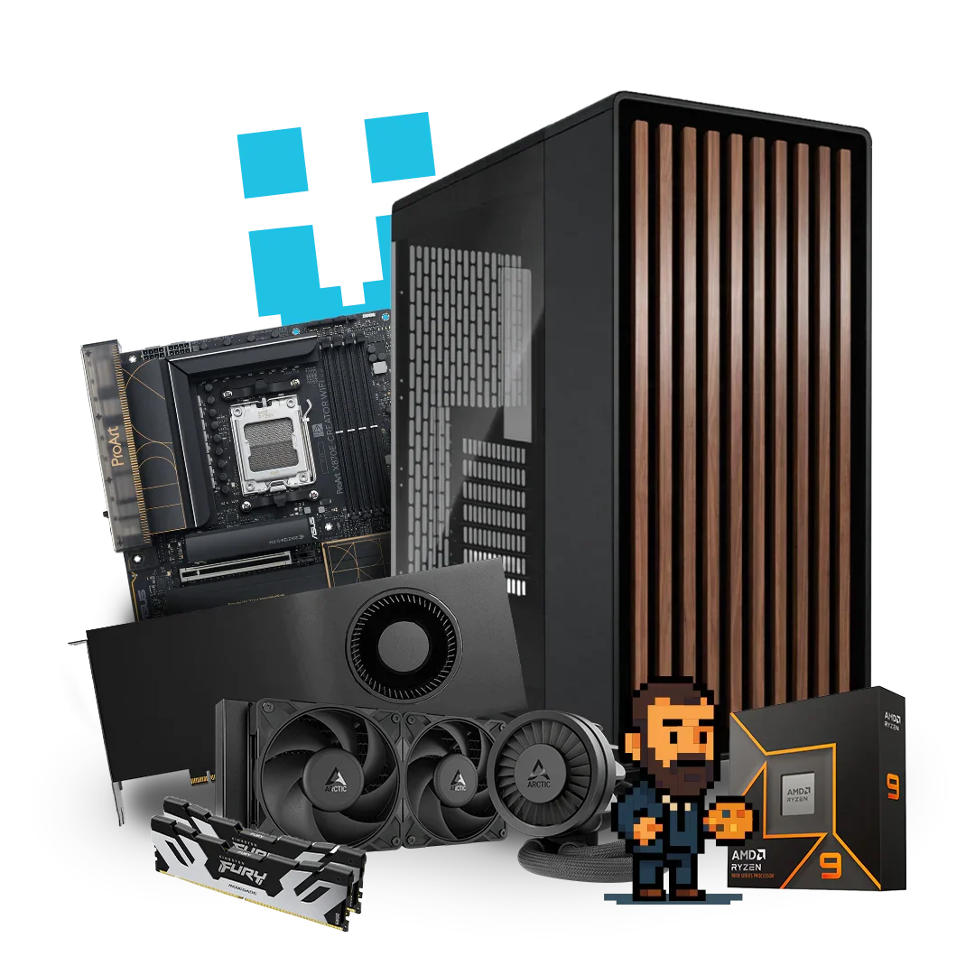 High-performance PC workstation tower with components including motherboard, graphics card, cooler, memory, and AMD Ryzen processor, plus a pixel art character.