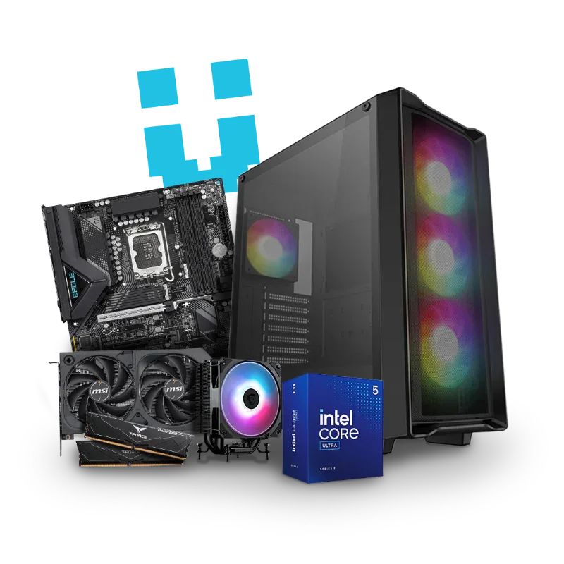 Custom workstation PC setup with RGB case, motherboard, graphics card, cooler, and Intel Core CPU