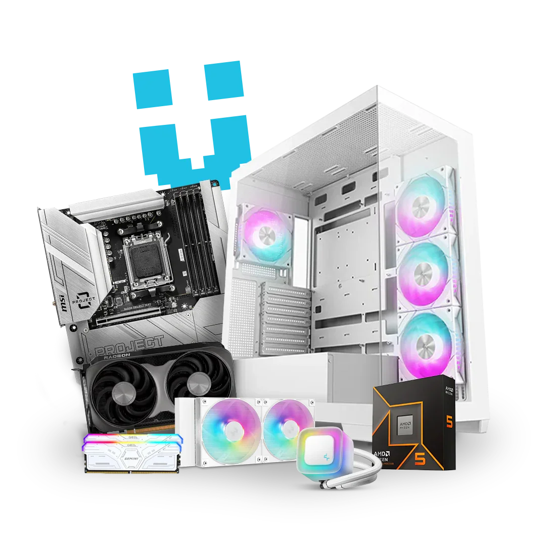 White PC case, motherboard, RGB fans, processor, and graphics card for workstation build