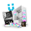 White PC case, motherboard, RGB fans, processor, and graphics card for workstation build