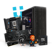 High-performance workstation PC, motherboard, graphics card, and Intel Core Ultra processor with a pixel art character